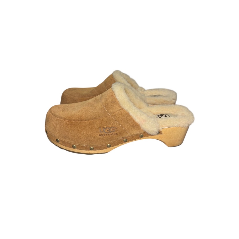 UGG Australia Suede Shearling Lined Clog Mules Wooden Heel Tan Women's Size 8